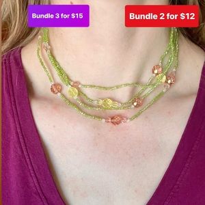 Shiny Green, Yellow, and Peach Beaded Crystal Necklace